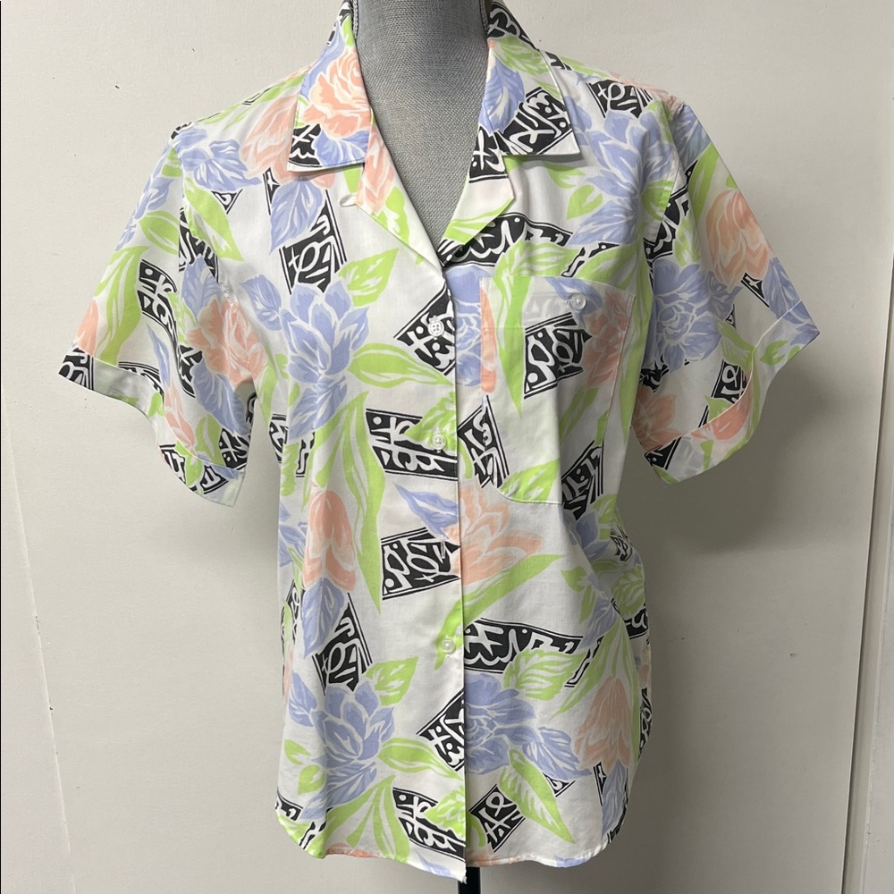 Floral Pastel Short-Sleeve Button-Up Top